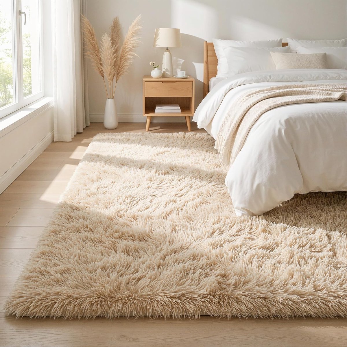 Fluffy Woonkamer Vloerkleed 160x230cm, Hoogpolig Shaggy Tapijt, Zacht Faux Fur Vloerkleed, Niet Verharend, Fluffy Tapijt voor Slaapkamer, Beige