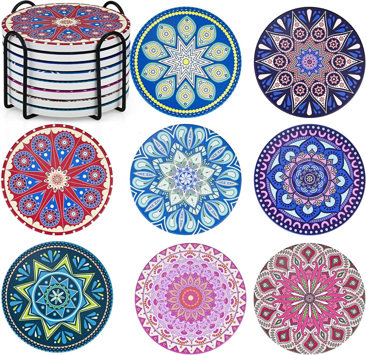 Onderzetters, set van 8, keramische ronde onderzetters met houder, absorberende onderzetterset met antislip kurkbasis en keramische stenen bekerpad voor kopjes, mok, wijnglas, thuis, keuken en — cadeau in Wonen & Interieur - foto 8