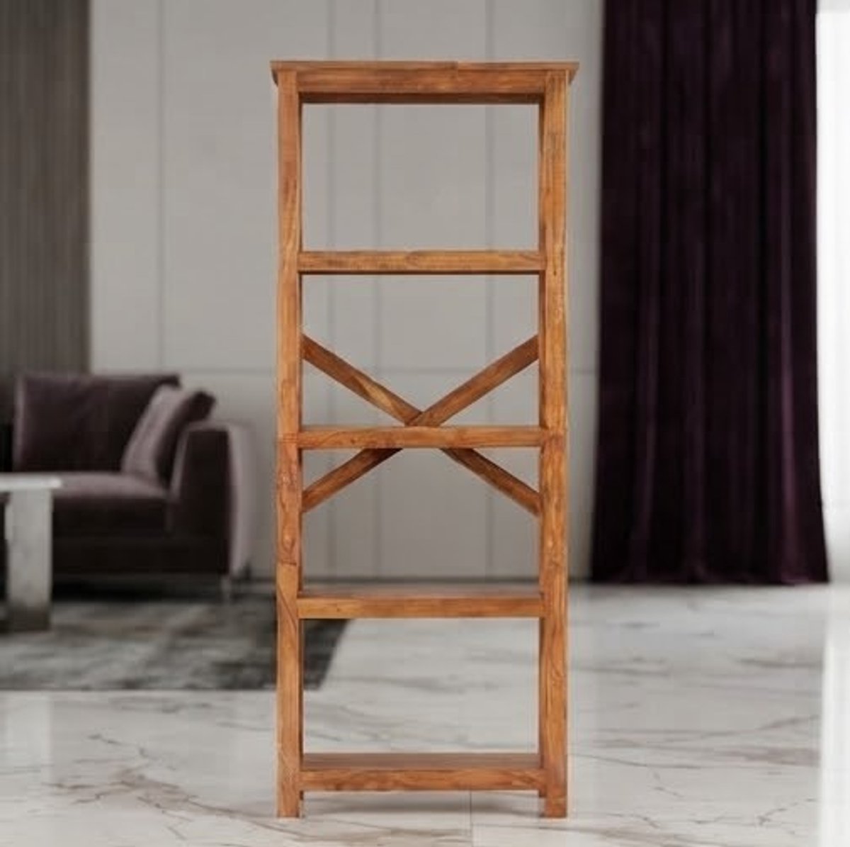 Massief Acacia Houten Boekenkast 160 cm – Rustieke Palissander Afwerking – 4 Planken Ruimtebesparend Trapezium Design voor Woonkamer, Kantoor of Hal – novihomestore