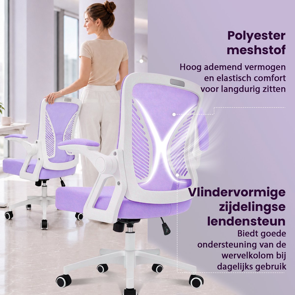 Milacyee Bureaustoel - Ergonomische Bureaustoel – Verstelbare Gaming/Computerstoel met Mesh Rug & Lendensteun – 90° Opklapbare Armleuningen – Directiestoel met Stille Wieltjes – Tot 102 kg Belasting - Paars - Geschikt voor thuiswerk en kantoor – foto 3
