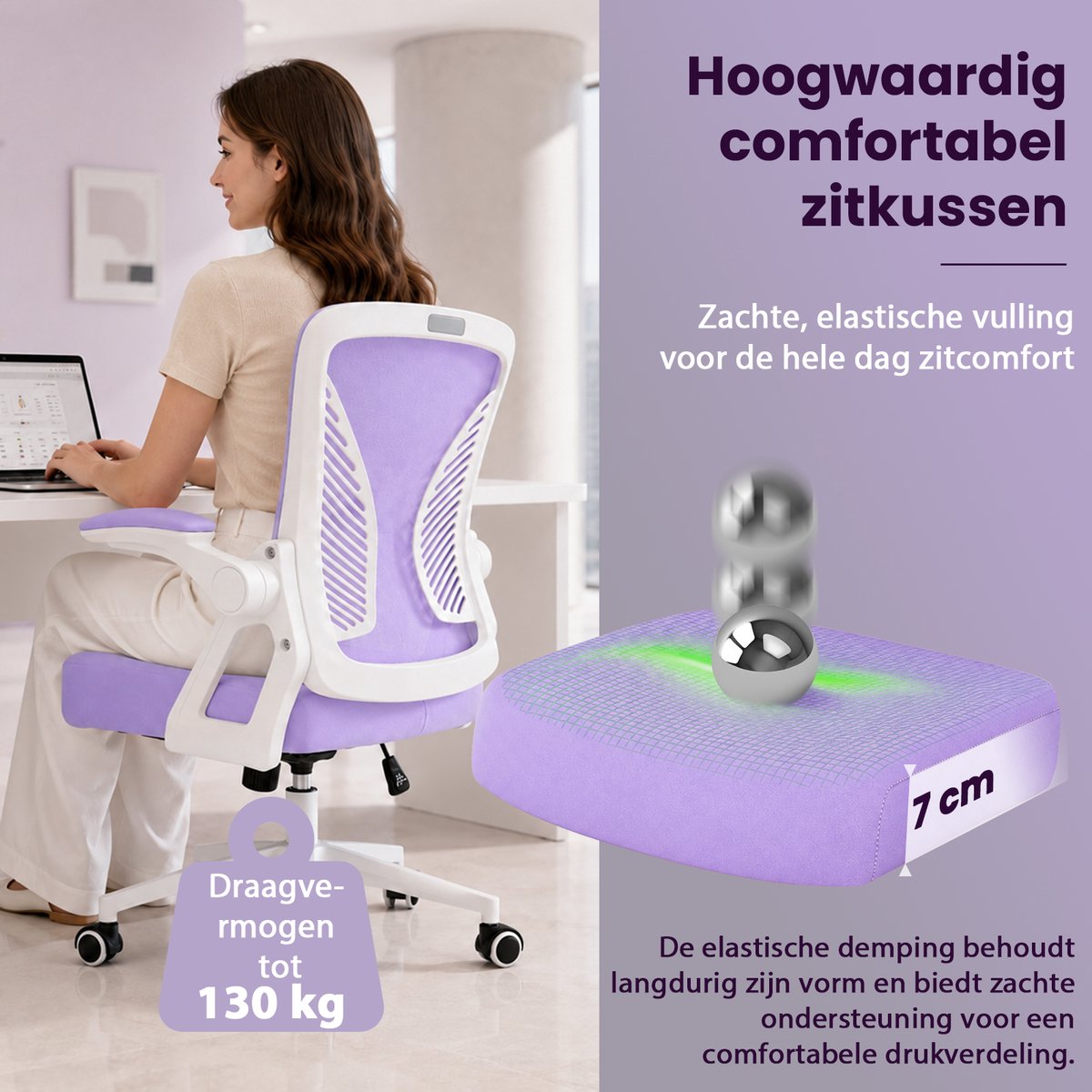 Milacyee Bureaustoel - Ergonomische Bureaustoel – Verstelbare Gaming/Computerstoel met Mesh Rug & Lendensteun – 90° Opklapbare Armleuningen – Directiestoel met Stille Wieltjes – Tot 102 kg Belasting - Paars - Geschikt voor thuiswerk en kantoor – foto 5