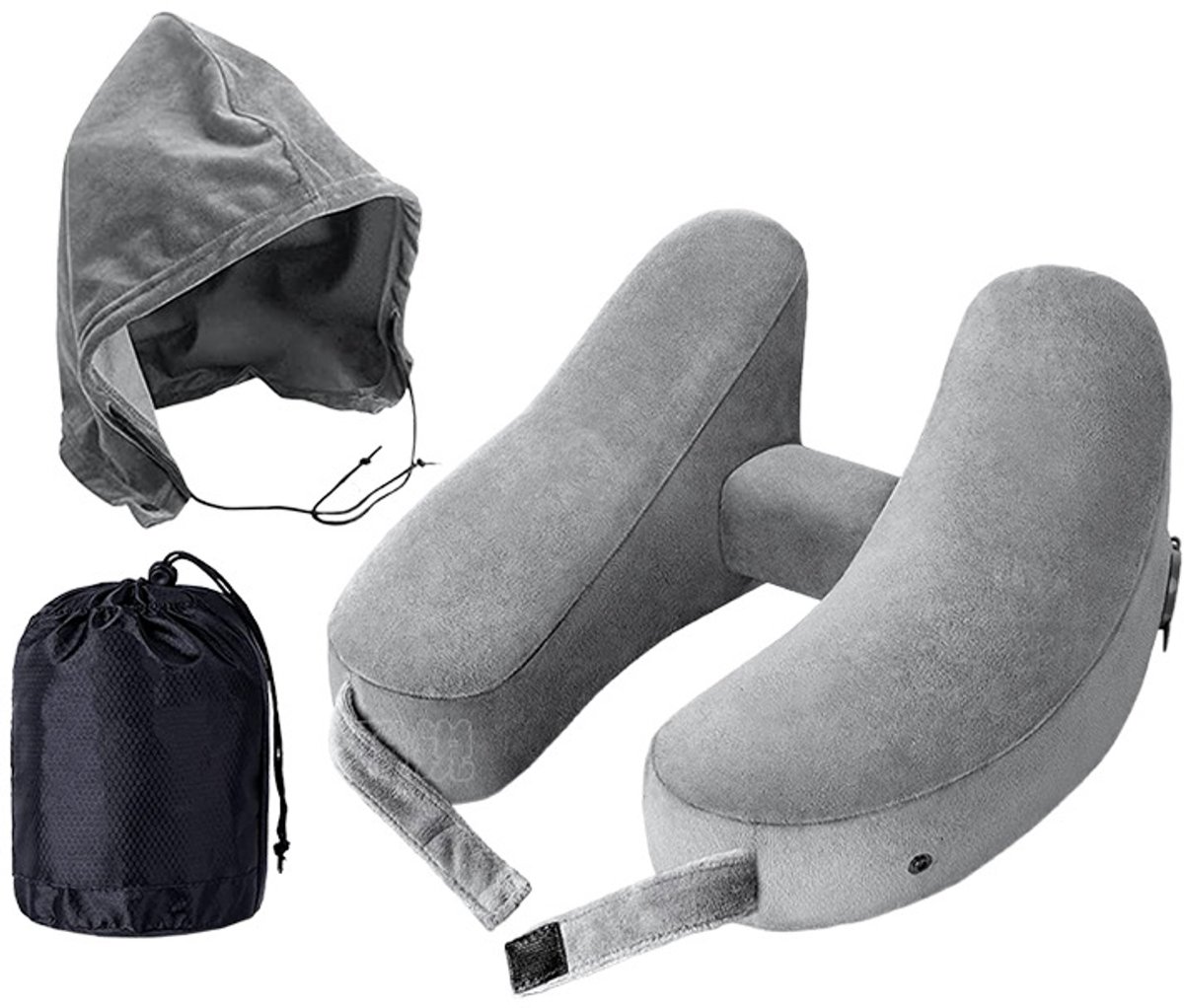 Ryoudavell - Set Nekkussen - Ergonomisch H-Vormig Nekkussen - Opblaasbaar Reiskussen met Afneembare Capuchon - Comfortabel Reishoofdkussen voor Vliegtuig, Trein en Auto - Grijs