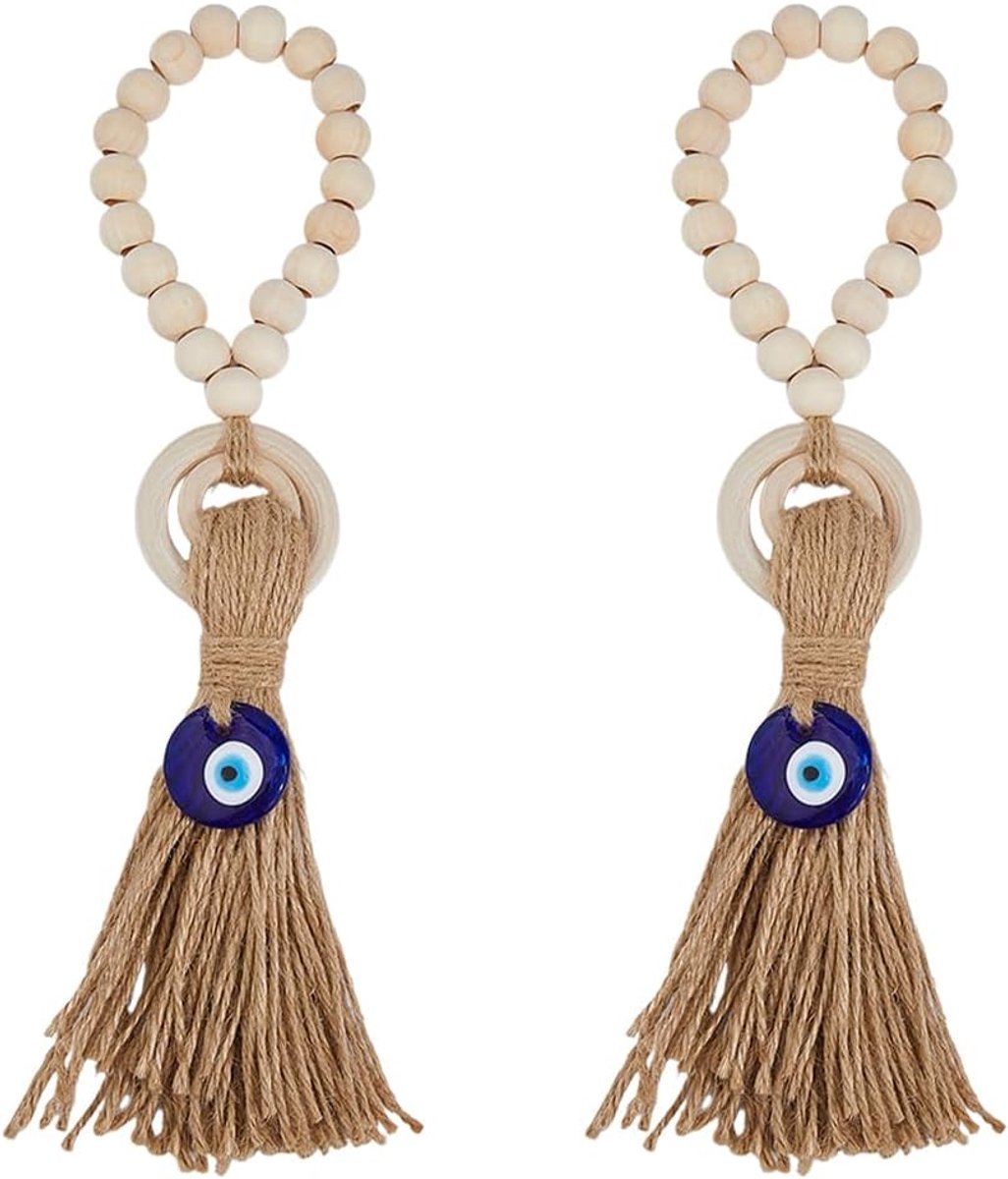 2 stuks boze oog deurklink charm deco boho houten hanger met gelukzalige bruine kwast 29,5 cm deurknop blikvanger
