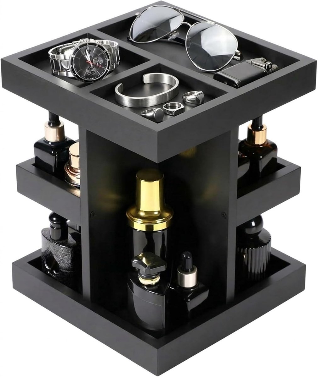 360 Rotating Houten Makeup Organizer voor Mannen - 3 Laags Zwarte Cosmetica Organizer voor Aftershave, Baardverzorging en Scheerproducten, Ideaal voor de Badkamer en Make-up Tafel