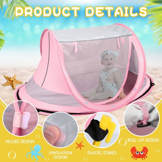 Strandtent voor baby’s, grote pop-up strandtent, draagbare reistent voor baby’s met muskietennet, binnenspeeltent voor baby’s, UPF 50+ UV-werende zonnetent voor baby’s — afbeelding 2