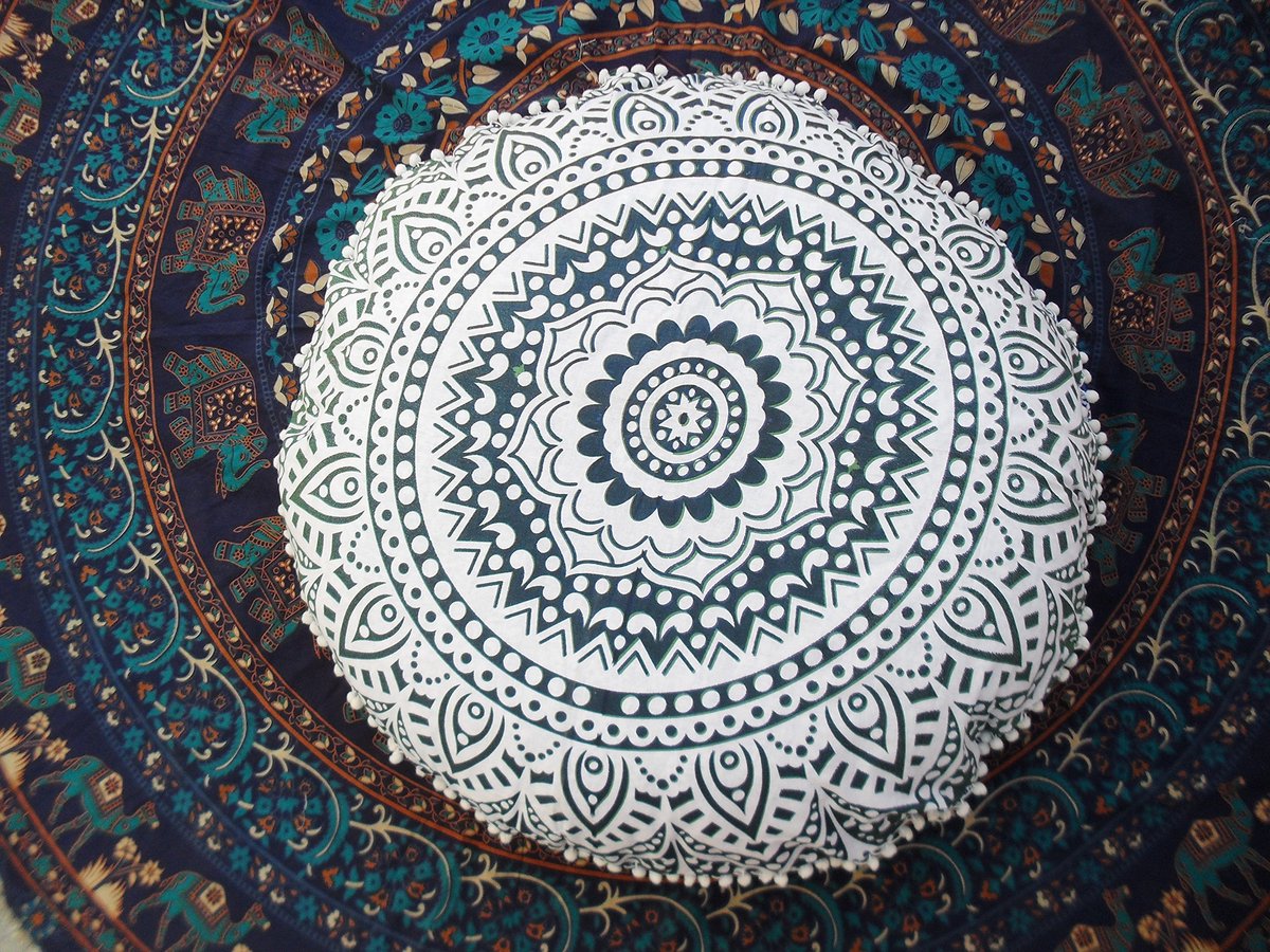 Vloerkussen, Indiase poef, bedrukt, pompon outdoor kussenhoes, boho-kussensloop, huisdierbeddengoed, decoratieve kussenslopen 81,3 cm (invoegen zonder vuller)