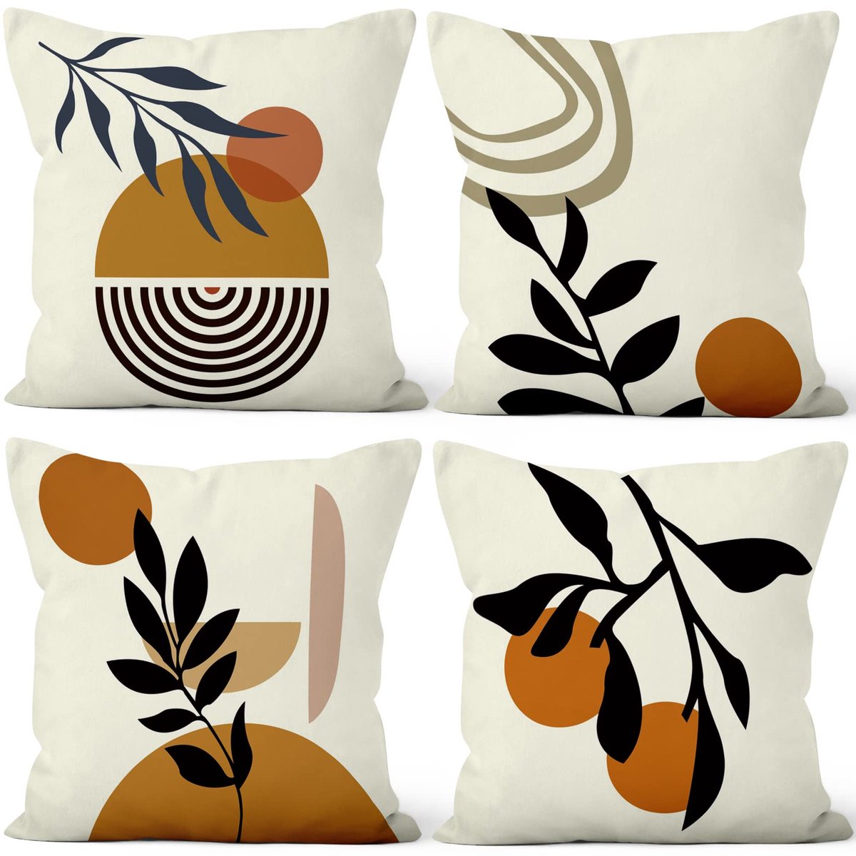 Kussenslopen Set van 4, Abstract Minimalistisch Sierkussen Zon en Maan Zwarte Bladeren Zachte Korte Pluche Vierkante Kussensloop voor Sofa Bank Slaapkamer Autostoel Home Decor 16 "x16"
