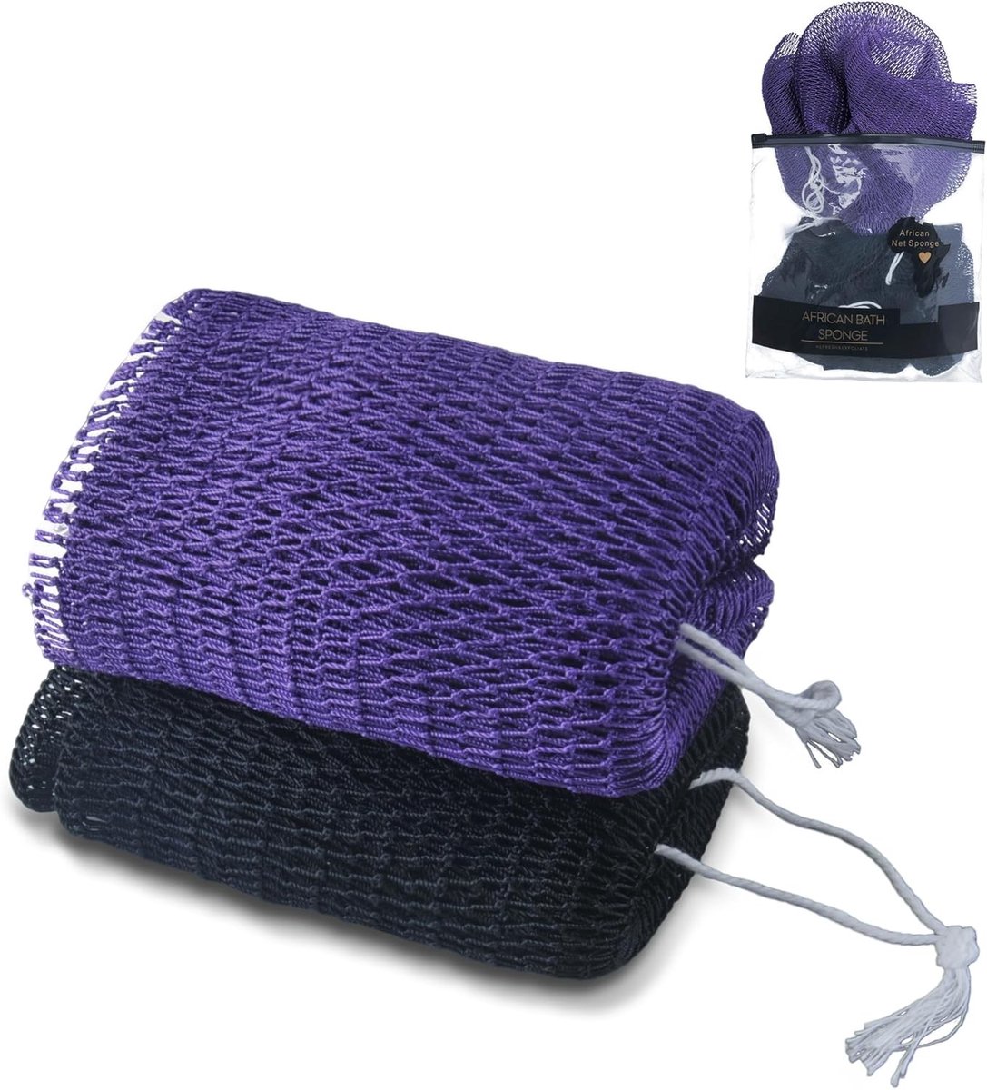 Exfoliërende Bad Spons Set van 2 - Zwarte en Donkerpaarse Net Spons voor Diepe Reiniging, Nylon Achterkant en Rekbare Lengte tot 114 cm, Ideaal voor Lichaamsverzorging en Douche Accessoires