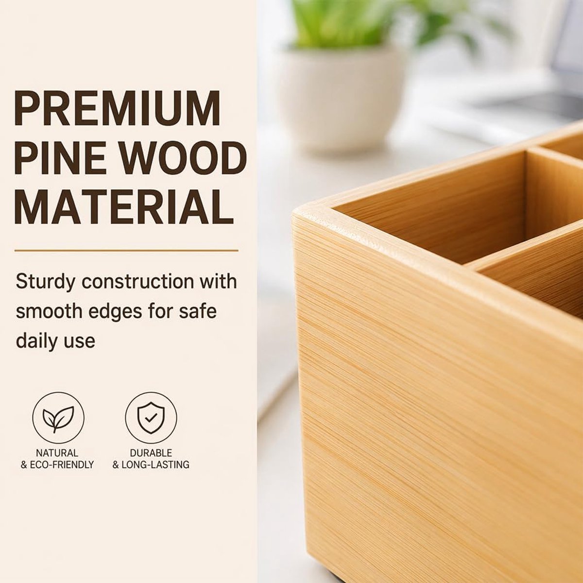 Pennenhouder voor kinderen, hout, 6 vakken, pennenorganizer, vierkante pennenhouder met uitneembare scheidingswanden, bureau-organizer, pennenhouder voor schrijfwaren, cosmetica