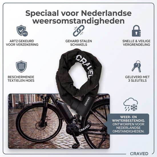 Craved ART 2 Kettingslot Steel - 110cm - Inclusief 3 sleutels - Geschikt voor fietsverzekering - Elektrische fiets & Fatbike van Craved — afbeelding 4