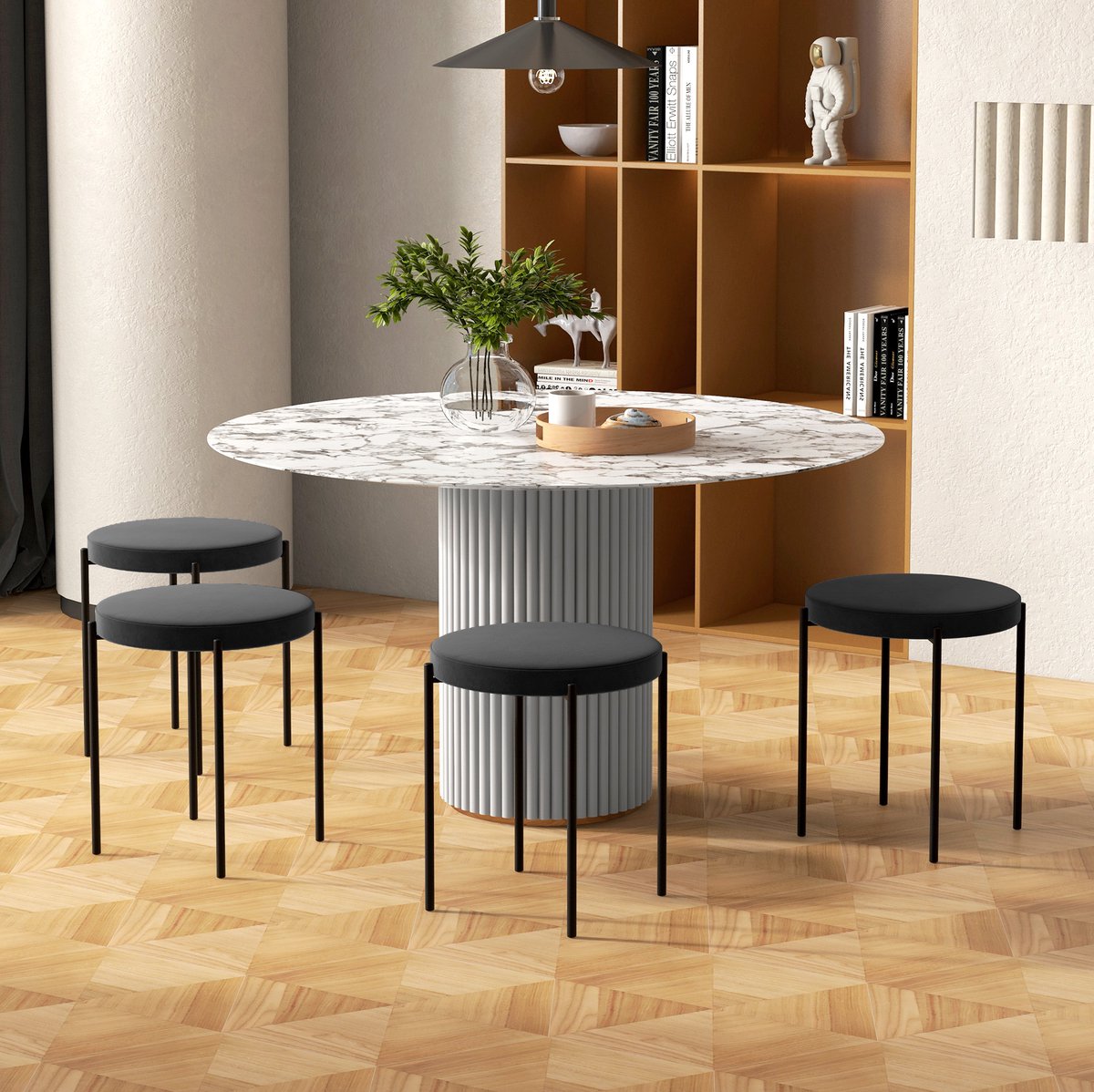 MEUNIQ set van 4 eetkamerhockers stapelbaar met gewatteerde zitting in velvetlook, zwart metalen onderstel, Ø40 cm zitting, 41,5 x 41,5 x 46 cm voor eetkamer of keuken Black