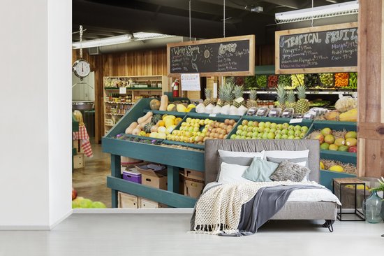 Behang - Fotobehang Fruit - Supermarkt - Krijtbord - Breedte 390 cm x hoogte 260 cm