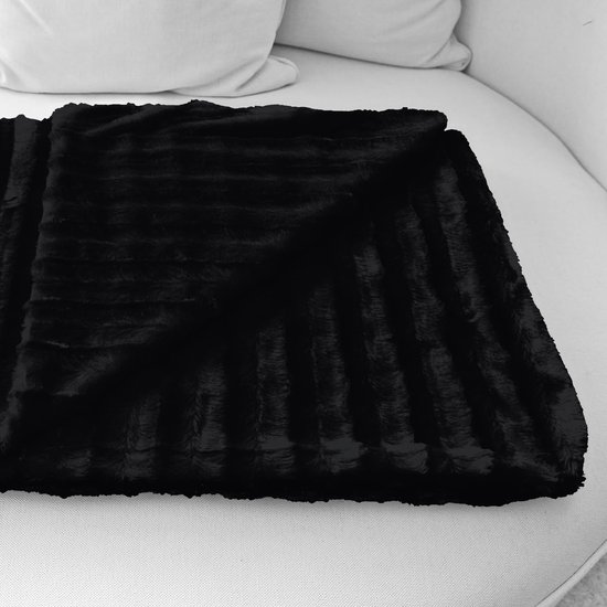 knuffeldeken imitatiebont dubbelzijdig XXL 220x240 cm – Warme kunstbontdeken voor bank en bed, luxe woondeken plaid, comfortabel & zacht - 100% polyester, wasbaar – Zwart — afbeelding 3
