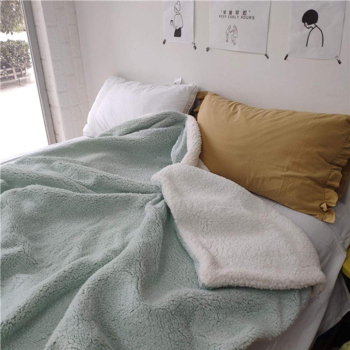 fleece werpdekens Reisformaat - Superzachte donzige warme stevige bedspreien voor bank Microfiber deken -Romig groen verdikt_100 * 115 cm