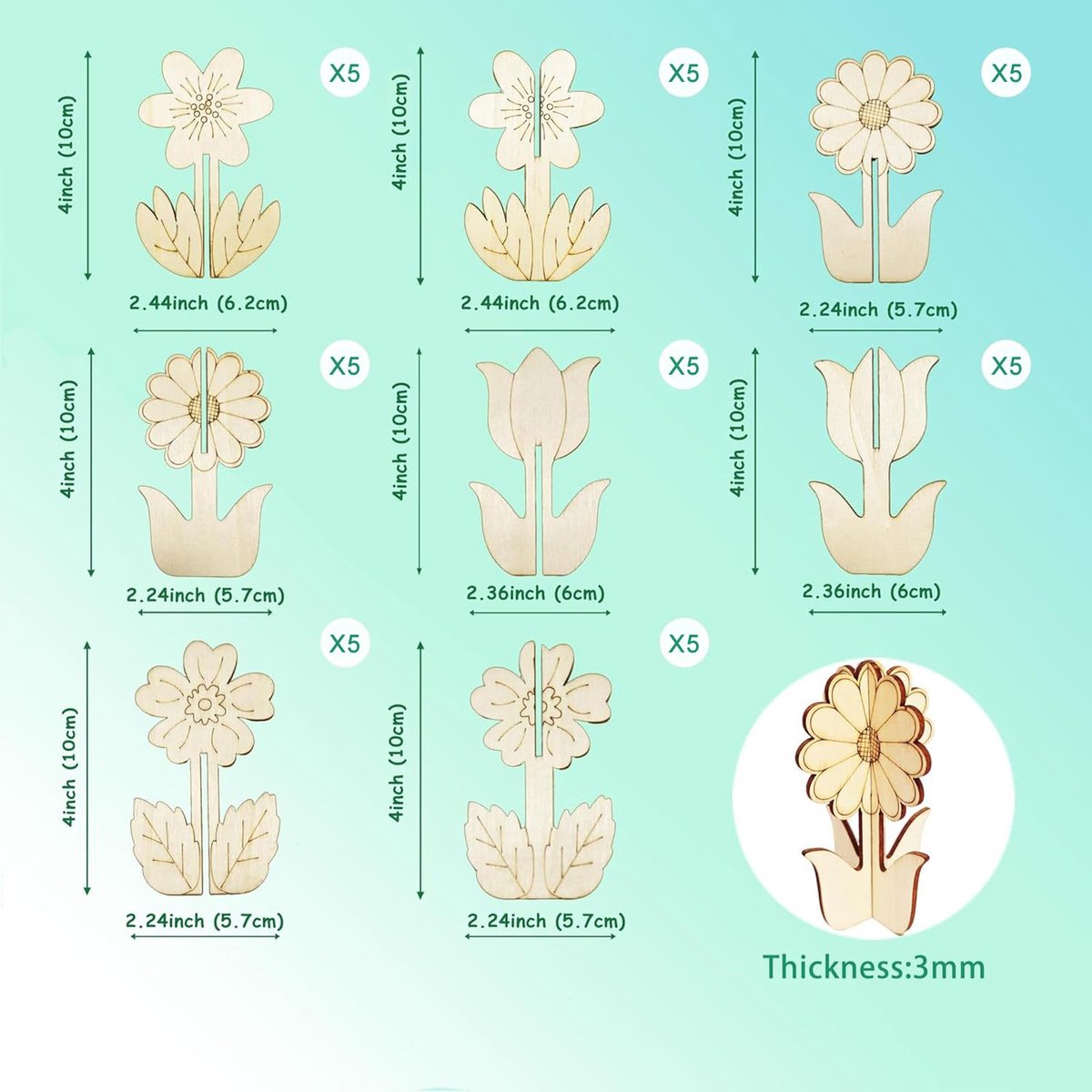 40 stuks 3D houten staande decoraties, bloem hout ambachten 3D DIY lente hout ambachten, onafgewerkte houten plakjes overschilderbare bloem ambachtelijke ornamenten voor kinderen en