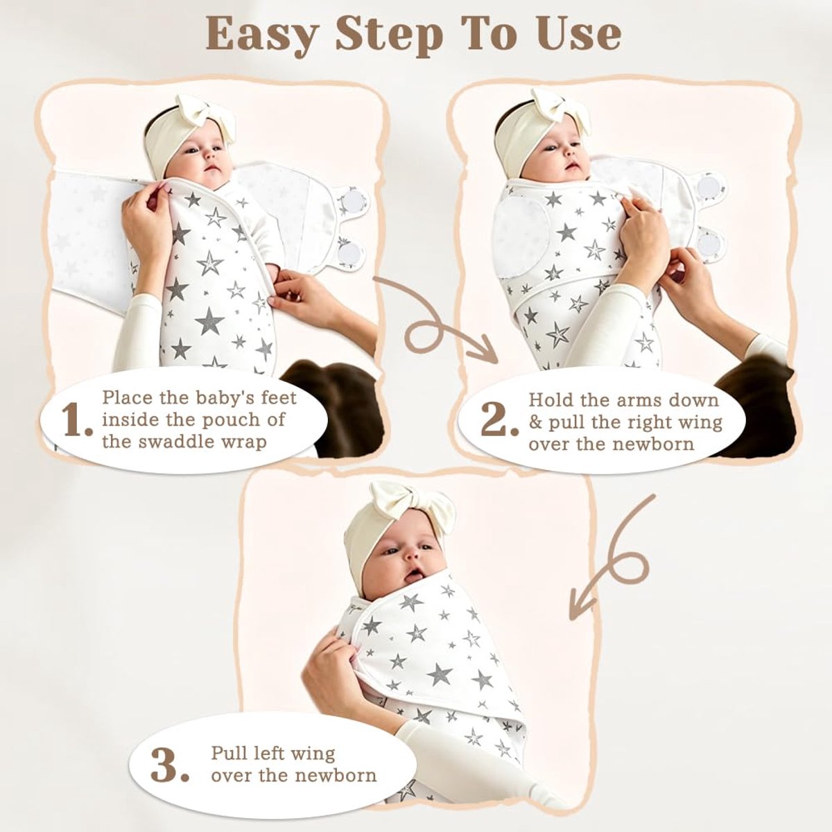 3-pack Baby-wikkeldekens, met muts, 100% katoen, babydeken
