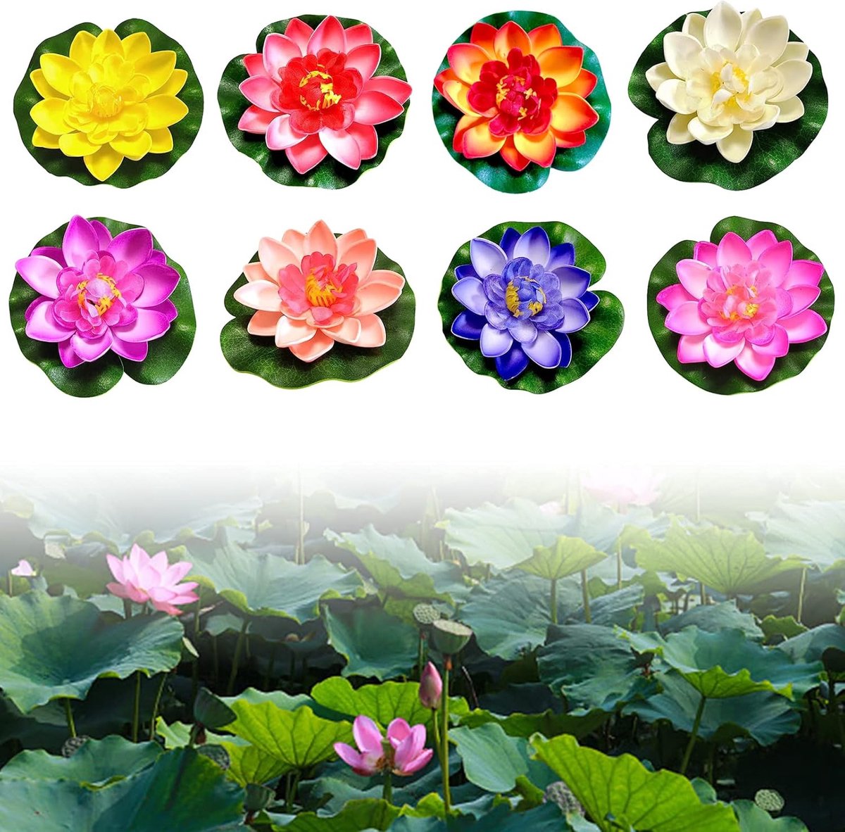 Drijvende bloemen, 8 stuks, drijvende waterlelies, klein, kunstbloemen, witte lotus, vijver, lotus voor aquarium, terras, tuin, zwembad, tuin, vijver