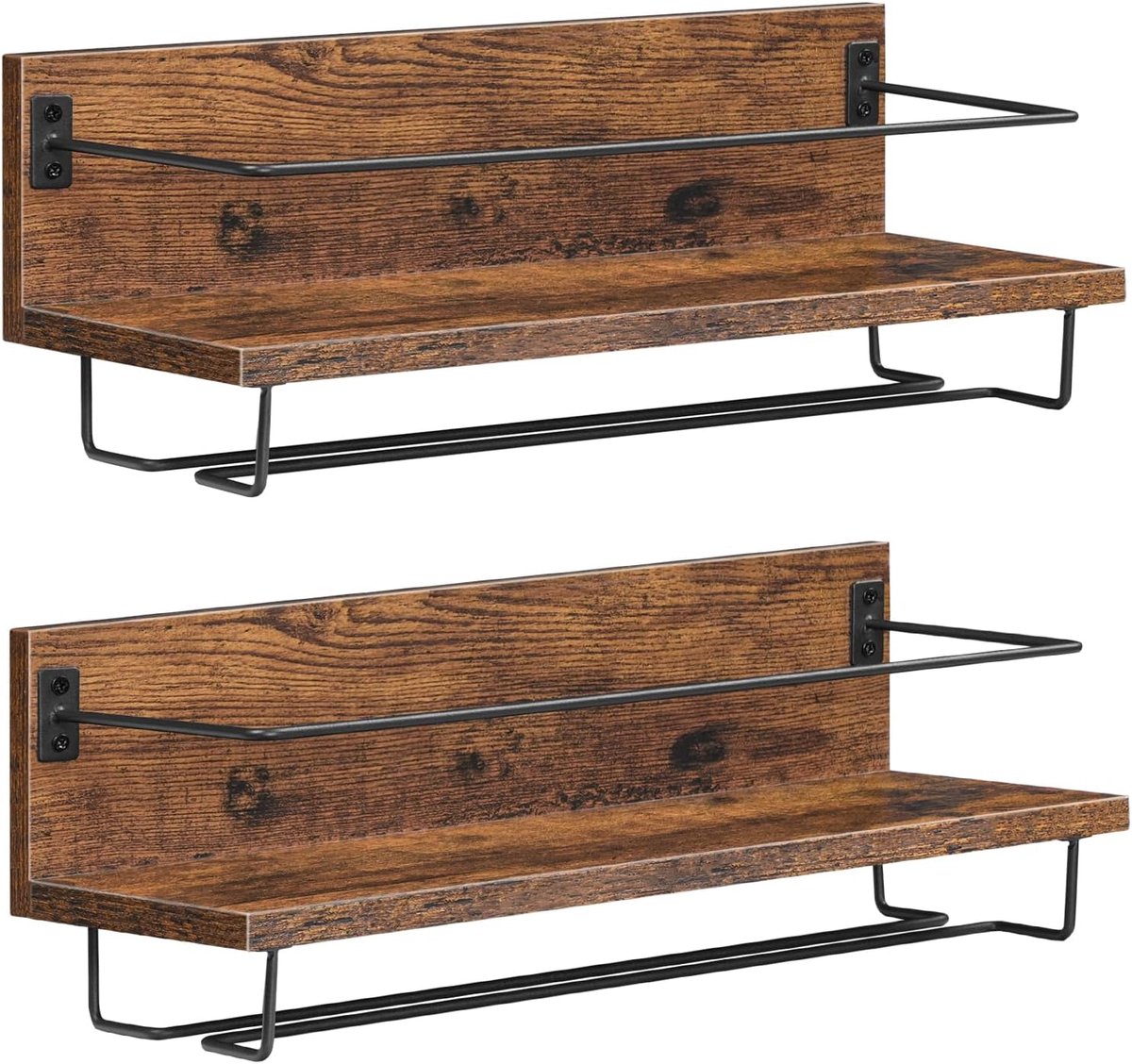 Wandmontage wijnrek 2 stuks, wijnplank hangende zwevende wandplanken, wijnglazen flessenrek Stemware houder, voor woonkamer, eetkamer, keuken, rustiek bruin en zwart EBF28BJ01