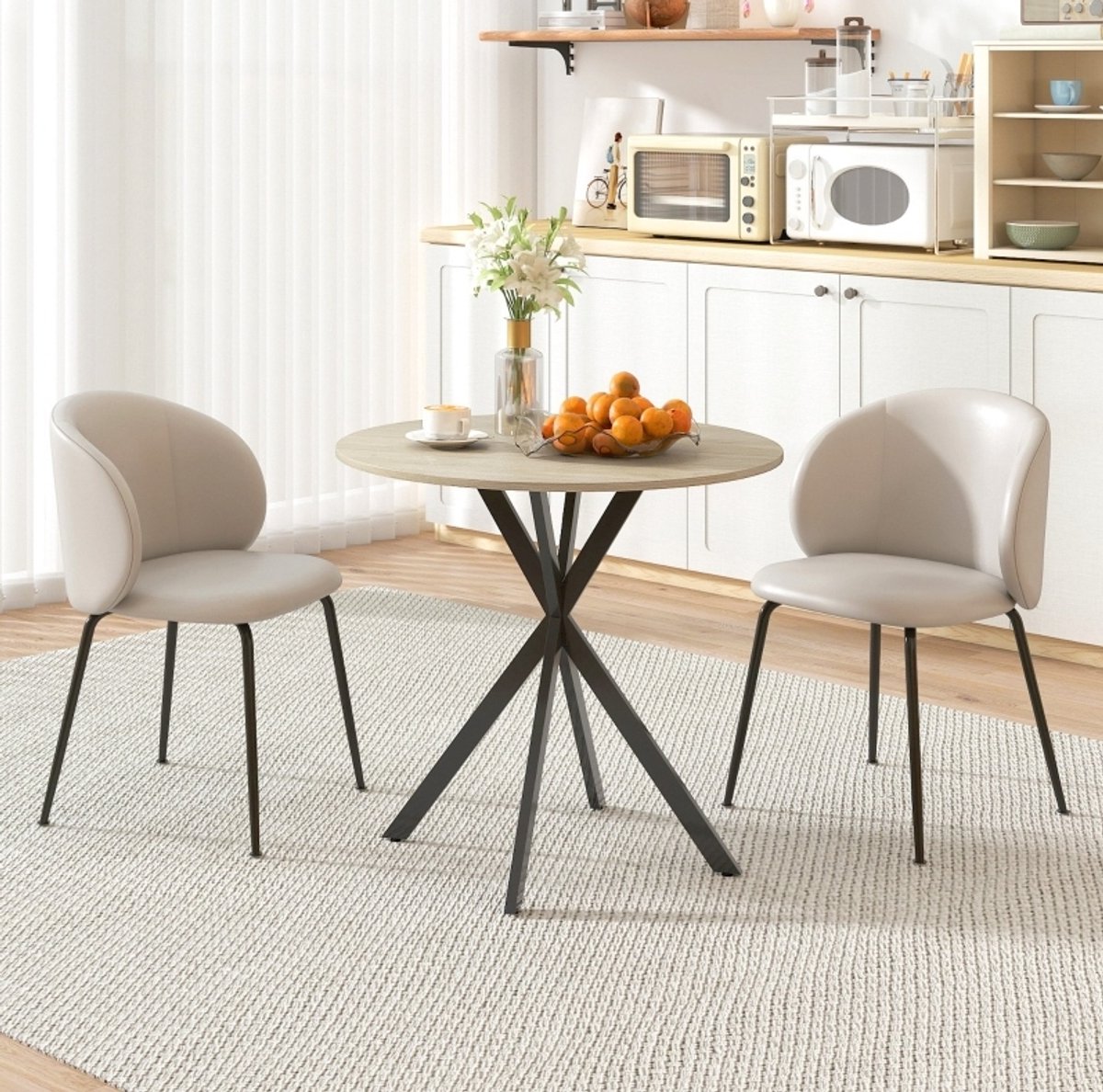 MEUNIQ ronde eettafel Ø80 x 75 cm voor 2 personen, industriële keukentafel met zwarte stalen X-poten en verstelbare voetjes, eiken