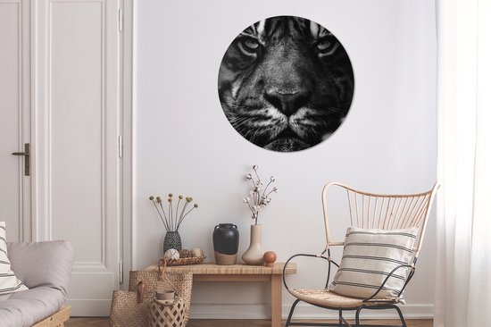 WallCircle - Cercle Mural - Cercle Mural - Animaux - Tigre - Sauvage - Zwart - Wit - Aluminium - Dibond - 90x90 cm - Intérieur et Extérieur