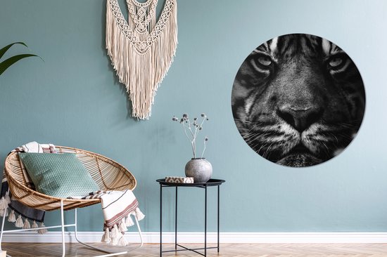 WallCircle - Cercle Mural - Cercle Mural - Animaux - Tigre - Sauvage - Zwart - Wit - Aluminium - Dibond - 90x90 cm - Intérieur et Extérieur