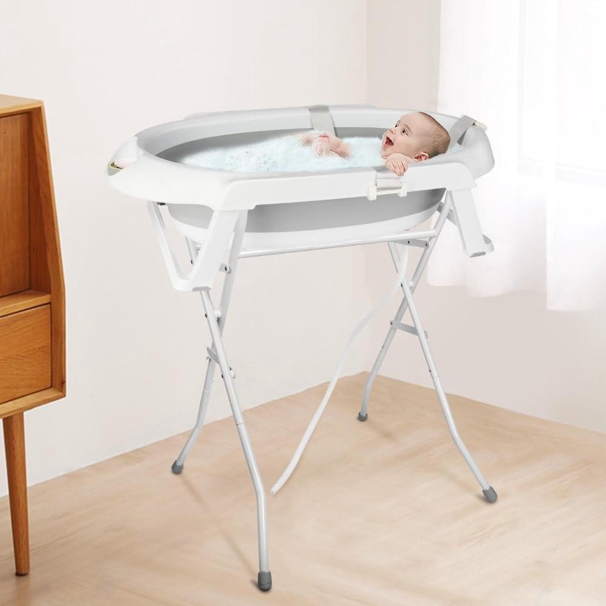 Opvouwbaar Babybad - Bad op standaard - Veilig Wassen - Met Thermometer - XL Formaat - Grijs