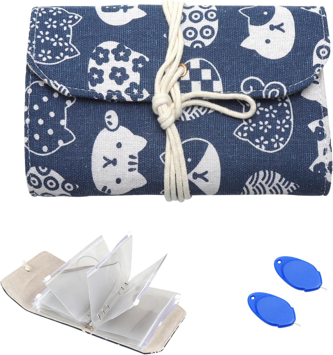 Opbergtas voor breinaalden, organizer met 11 waterdichte vakken met ritssluiting, blauw kattendesign met 2 duimstekers, draagbare breinaalden, A6