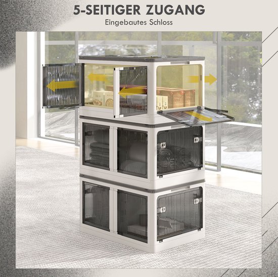 MEUNIQ opvouwbare opbergbox 69 L met wielen, stapelbare opbergkist met 5-zijdige toegang, transparante opening en deksel, 60 x 42 x 34 cm, wit — afbeelding 5