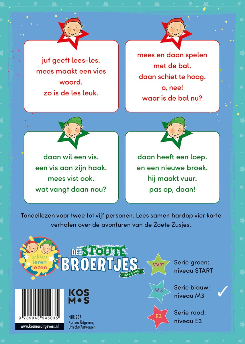 Achterkant van "Leren lezen met de Zoete Zusjes". Toont tekst met versjes en niveaus.
