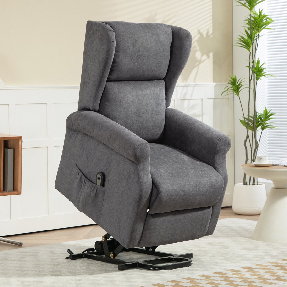 MIVRAY Relaxfauteuil 74 x 94 x 111 cm - Elektrische Sta-op Hulp En Ligfunctie - Voor Woonkamer En Televisiekamer - Stof Donkergrijs