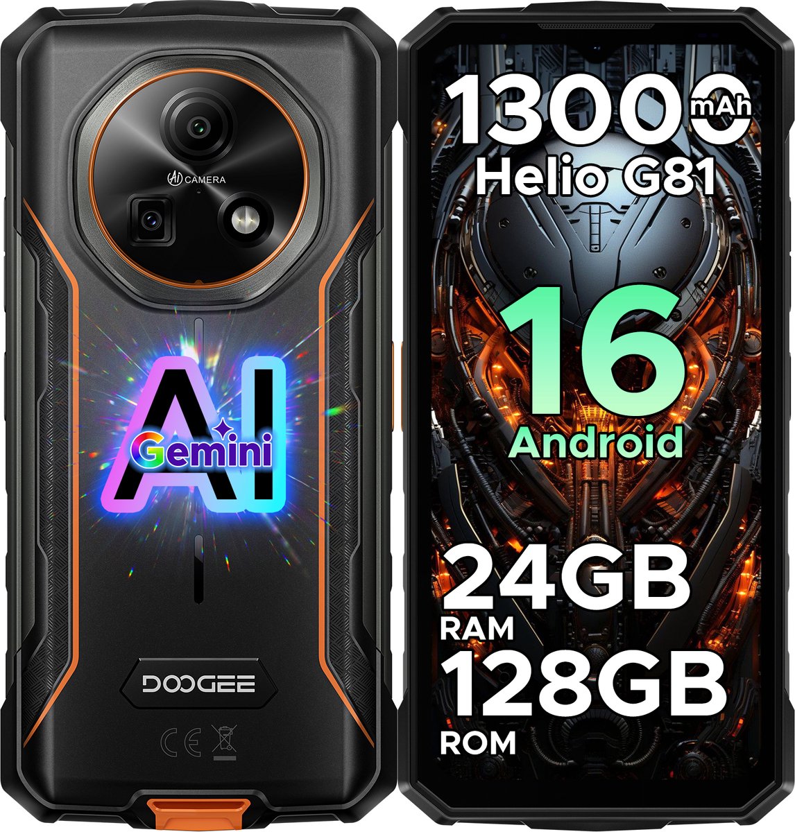 DOGEE Fire 5 Pro 4G - Rugged Smartphone - 13000 mAh/18W - Android 16 - 13MP+8MP - 24GB ROM+128GB ROM/（2TB/TF) - Gemini AI - 6,6inch HD+ 90Hz - MediaTek Helio G81 - NFC- Face ID - Vingerafdruk - IP68 - Oranje