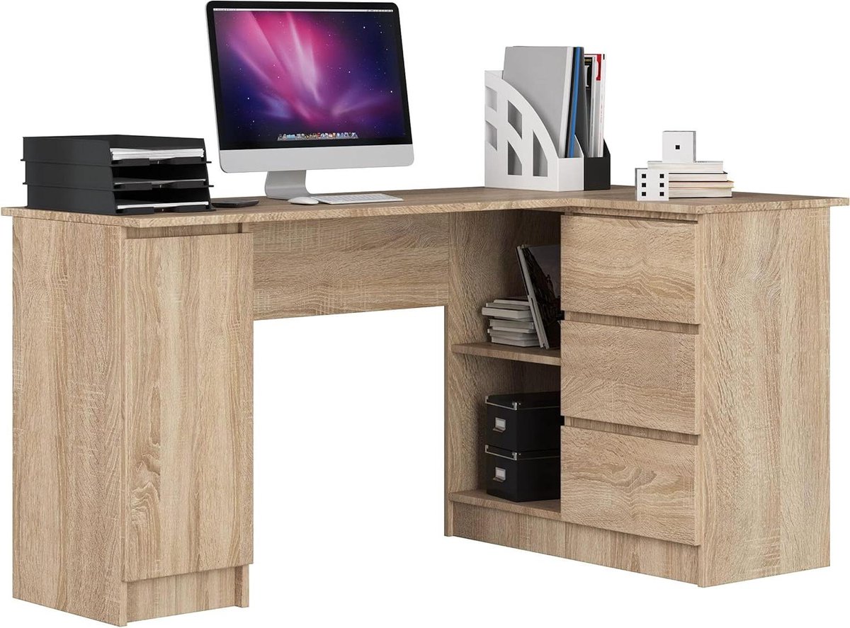 Hoekbureau - L-bureau Werkplek - Thuiswerken Organiseren - Met 3 Laden - 155 cm - Sonoma Eik