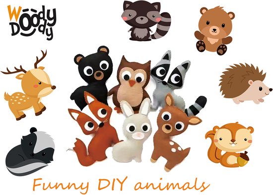 WoodyDoody Knutselen Meisjes - Knutselen Jongens - Bosdieren 12 stuks Extra Large Variant Knutselpakket Meisjes en Jongens - Geschenkdoos Cadeau Verpakking - Forest Animals Bosdieren Extra Large Formaat 12 stuks - Naaiset Kinderen Bos Dieren xl