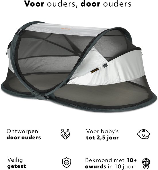 Grijs-wit Deryan baby campingbedje met icoontjes over ontwerp en gebruik.