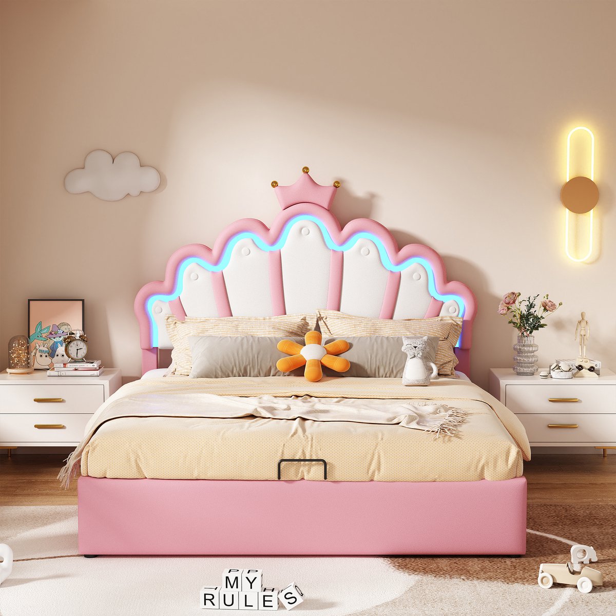DESMIU Gestoffeerd Bed 140x200cm - Prinsessenbed Met Kleurwisselende Sfeerverlichting - Opbergruimte Onder Het Bed - Jeugdkamer - Roze - Zonder Matras
