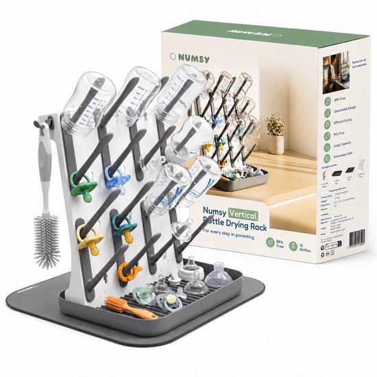 Egouttoir vertical Numsy gris et blanc pour 16 biberons, tétines et accessoires. Brosse incluse.