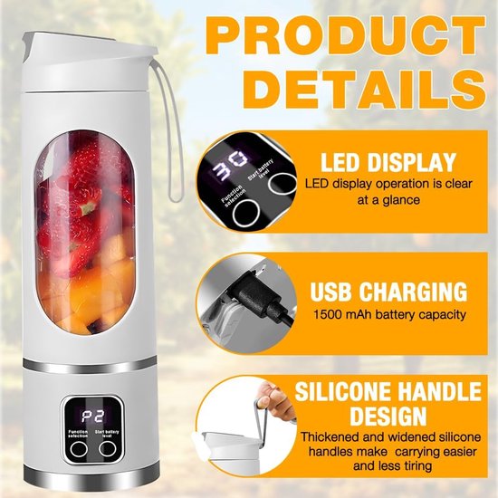Draagbare blender - Smoothie maker - Verse sappen maken - 12 roestvrijstalen messen - 450 ml - Wit — afbeelding 4