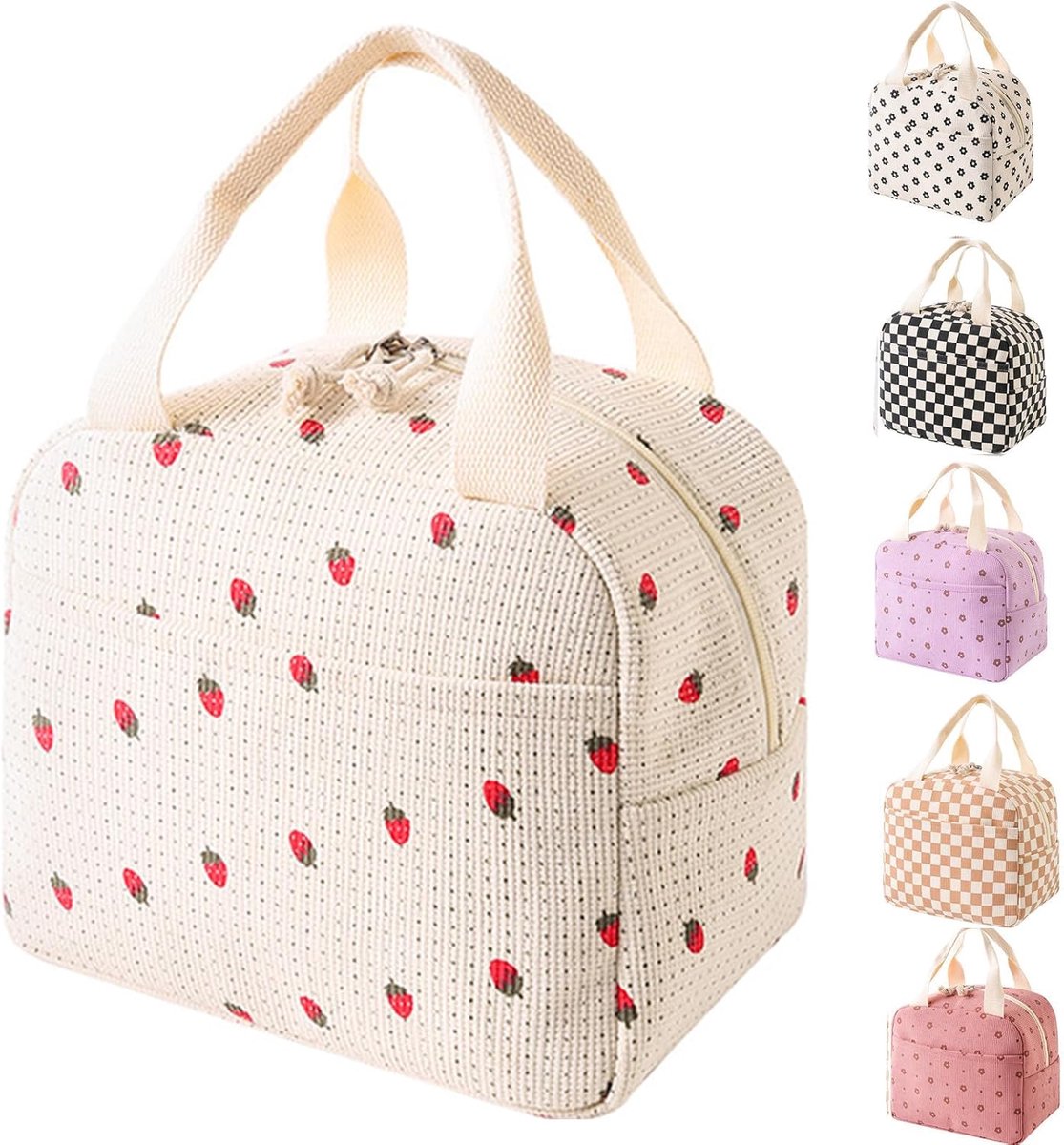 Lunchtas, geïsoleerde boodschappentas voor vrouwen, corduroy geïsoleerde lunchtas, koeltas, lunchorganizer voor volwassenen en kinderen, picknick, werk buiten (Erdbeer druk)