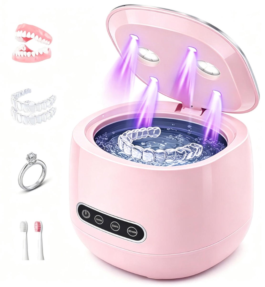 Ultrasone reiniger - Ultrasone tandreiniger -Kunstgebit & Prothese Schoonmaken -Draagbare gebitsreinigingskamer - 48 kHz - Reinigingsapparaat - 360° reiniging - roze