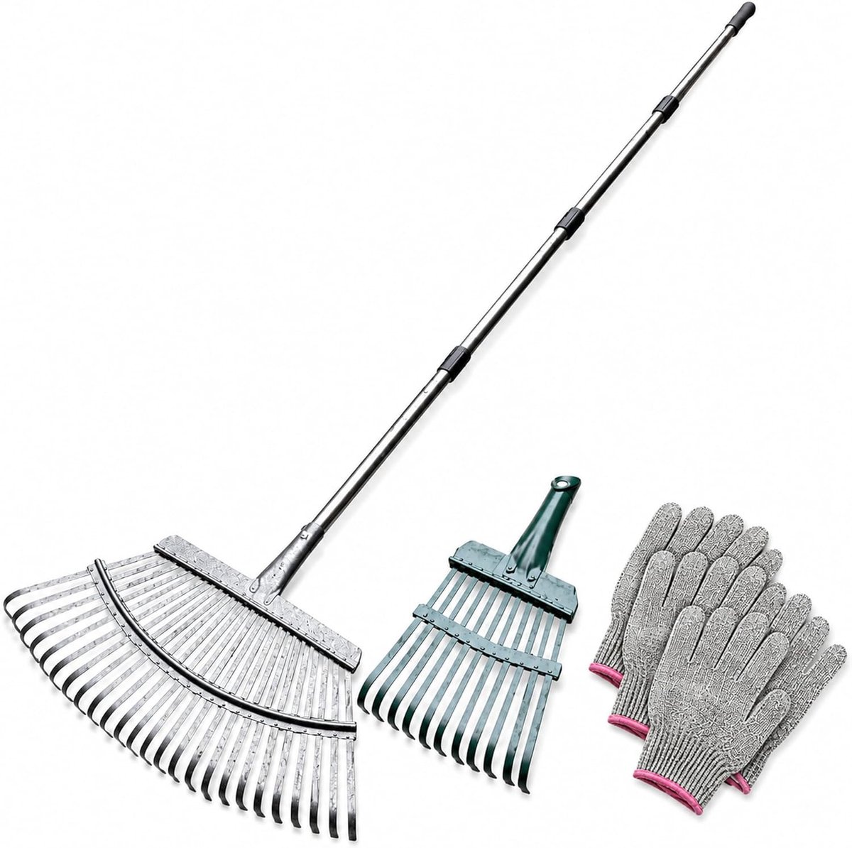 Hark Tuin, 25+11 tanden bladhark met metalen steel, 4-delige verstelbare handgreep (EEN deel: 40-45 cm), heavy-duty blad, tuinhark voor bladeren, gazon, grond, incl. 4 handschoenen