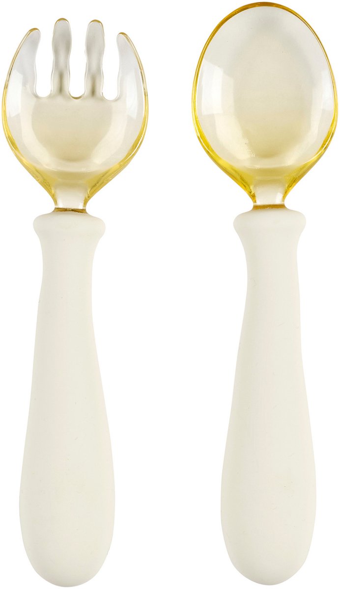 Nattou Mealtime Plooibaar Baby Bestek - Baby Lepel en Vork - Silicone en Tritan Bestekset - 12 cm - vanaf 8 maanden - Ecru