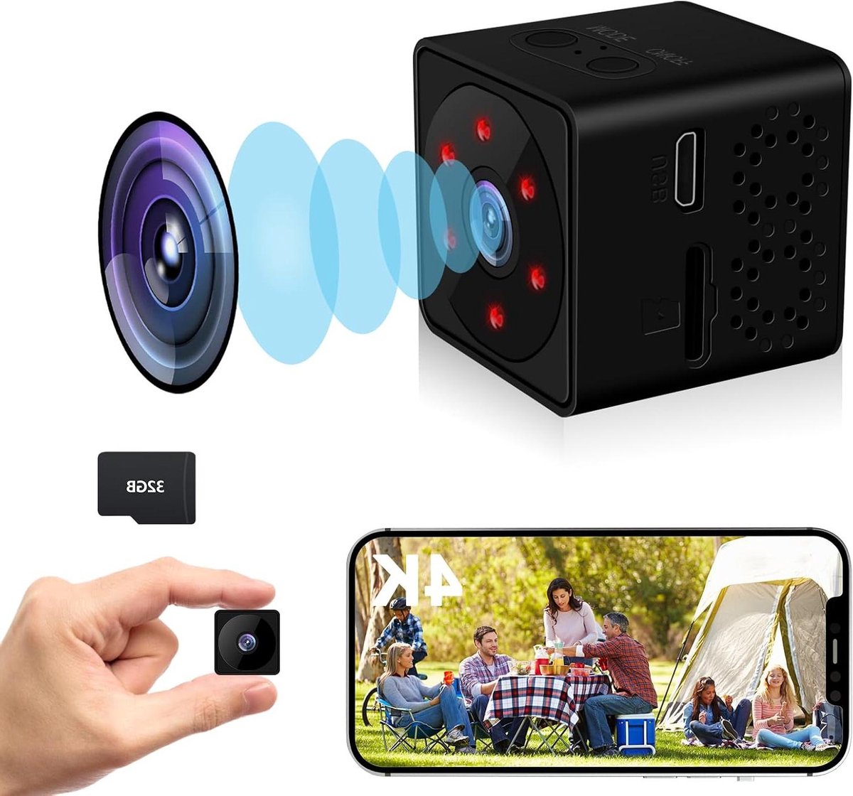 Mini Spy Camera - Draadloze Camera Beveiliging - Thuisbeveiliging Opnemen - 4K Ultra HD Resolutie - 150 Graden Kijkhoek - Zwart
