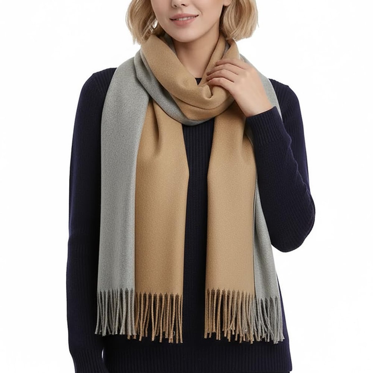sjaal voor dames, 200 x 70 cm, kasjmier-gevoel, zacht en warm, wintersjaal, oversized, omkeerbaar, met franjes, geschenkdoos