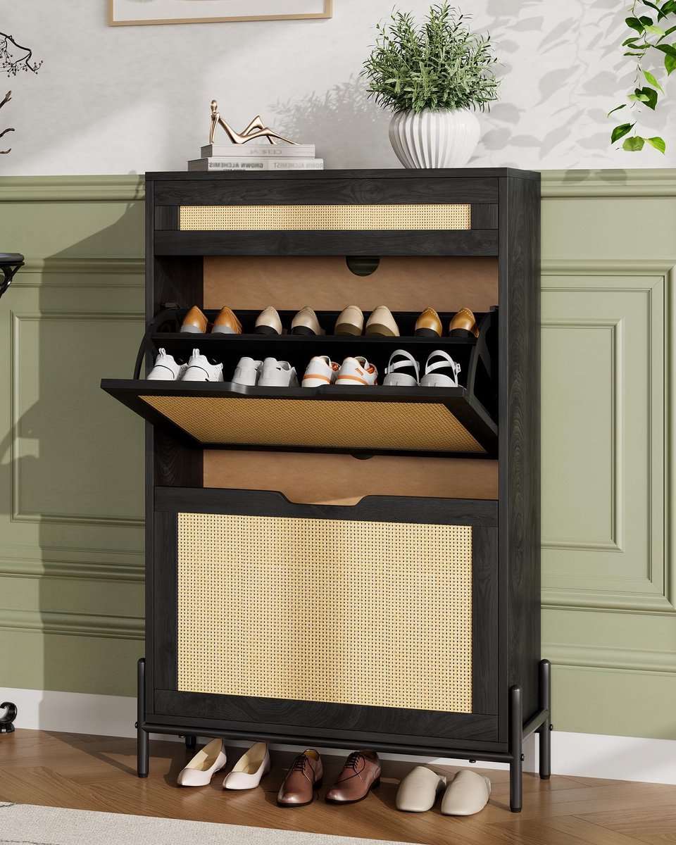Schoenenkast Smal Voor 8-16 Paar Schoenen - 60x22x104.5cm - Schoenenrek - Schoenenmeubel Rattan - 2 Kleppen en 1 Lade - Vrijstaand - Verstelbare Planken - Voor Hal En Woonkamer - Zwart