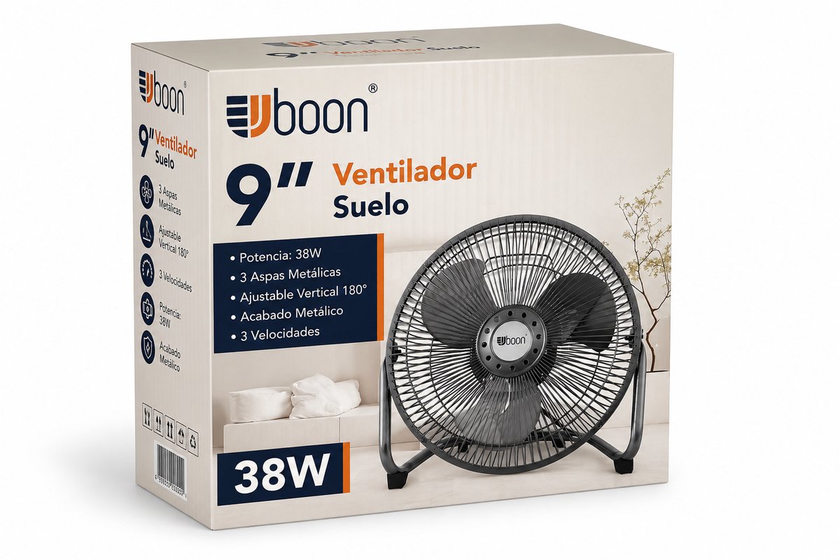 Uboon Tafel- & Vloerventilator 9 Inch - 38W - Metaal - 3 Snelheden - 180° Kantelbaar thumbnail 2