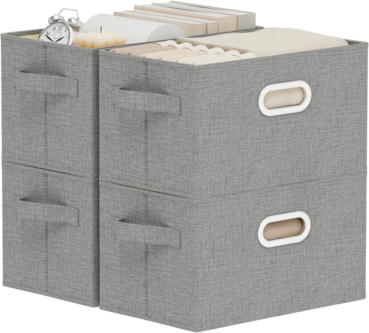 open opbergbakken met metalen handgrepen, inklapbare organizermanden, opvouwbare kubusdozen voor planken, kledingkast, woonkamer, 33 x 23 x 20 cm, grijs, 4 stuks