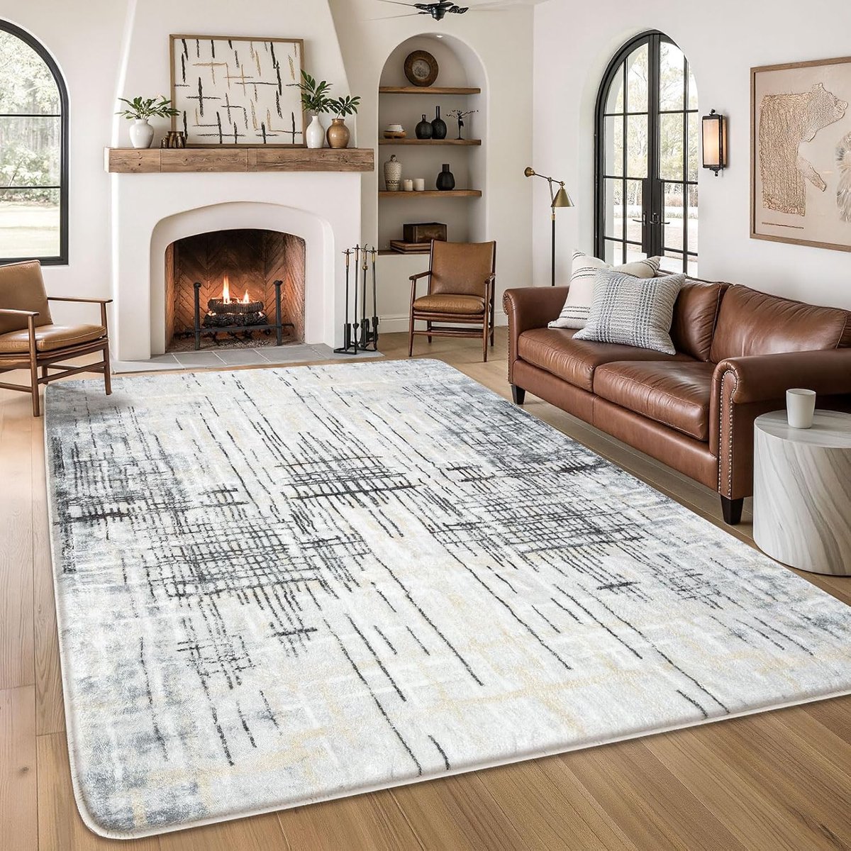 Vloerkleed voor slaapkamer, moderne stijl, artistiek, traditioneel, uniek tapijt, woonkamer, zacht, laagpolig, antislip, wollig, voor binnen (grijs/beige, 200 x 250 cm)