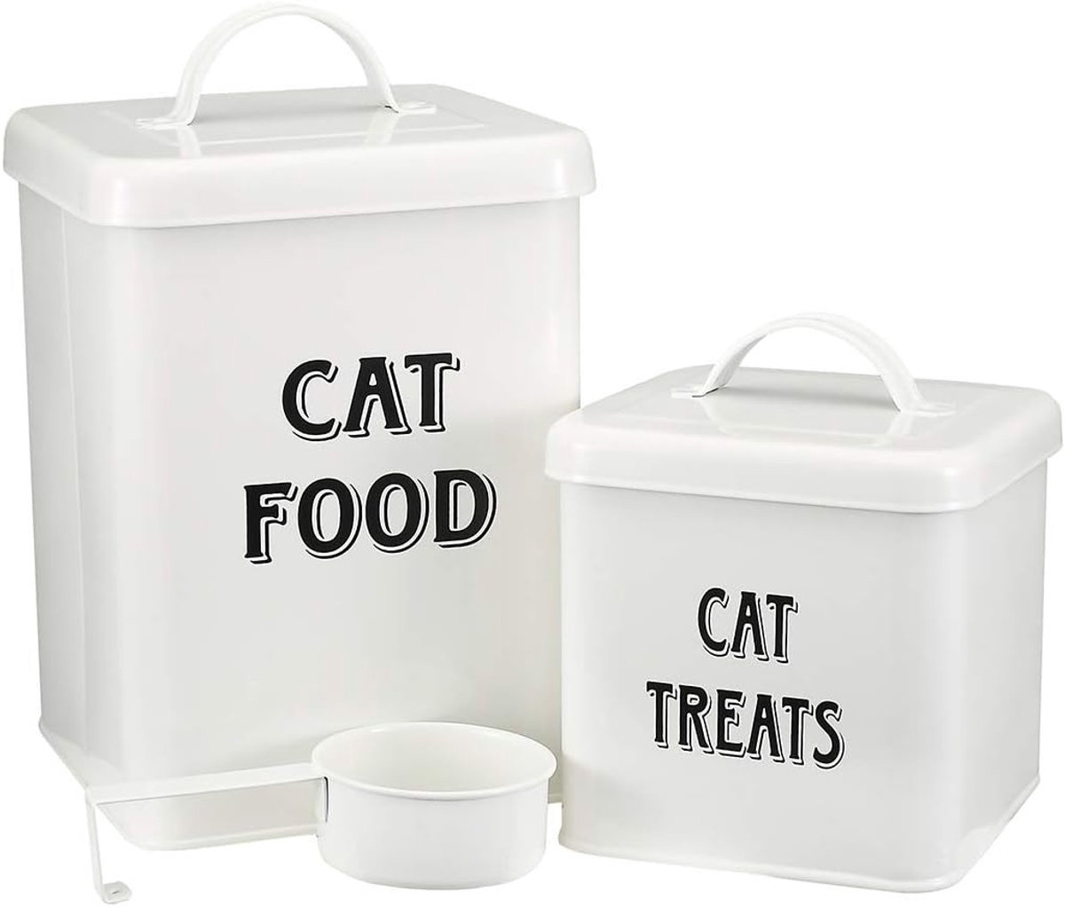 Honden- en kattenvoeropbergdozen set van 2 met deksel en lepel, 5L en 2L, wit en praktisch