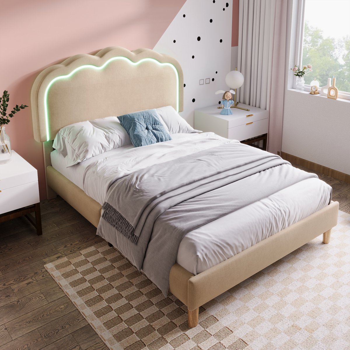 Gestoffeerd bed 90x190 cm - Met ledverlichting, eenpersoonsbed 90x190 cm, bedframe met lattenbodem en verstelbaar hoofdeinde, gestoffeerd bed in Beige, bedframe voor een kinderbed in de slaapkamer of logeerkamer - fluweel