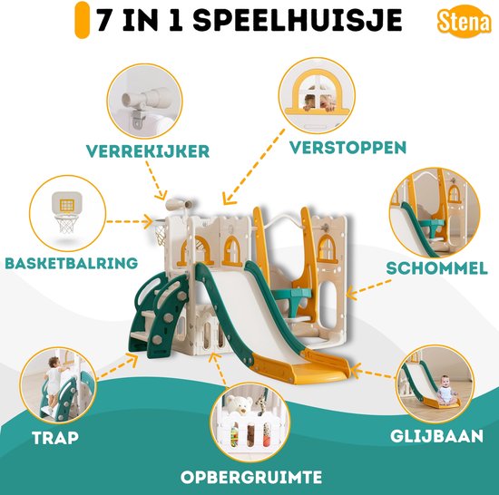 Een 7-in-1 speelhuisje met glijbaan, schommel, basketbalring, trap, opbergruimte, verrekijker en verstopplek.